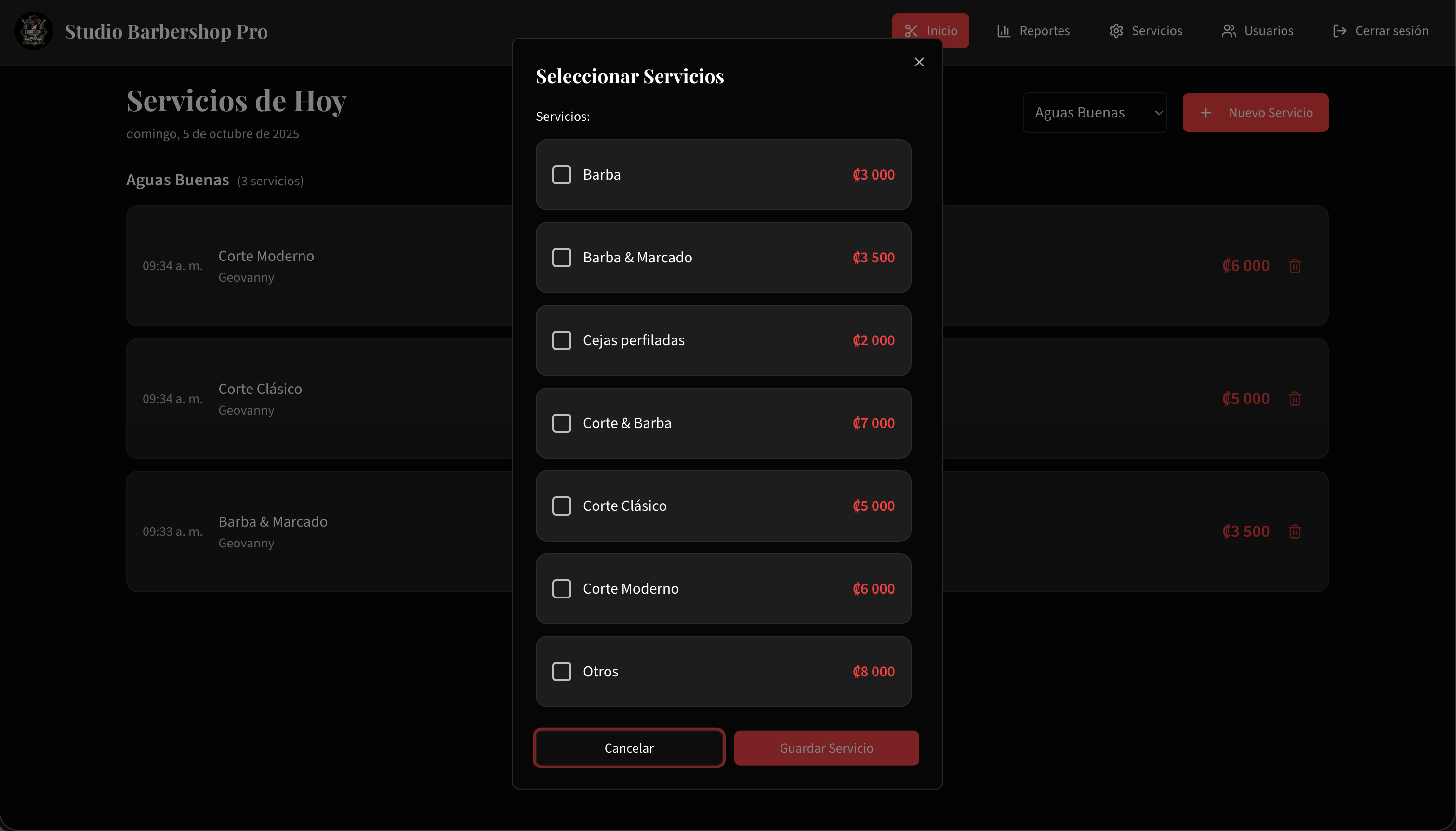 Interfaz de gestión de servicios de barbería en tiempo real mostrando selección de servicios como corte moderno, corte clásico, barba y marcado con precios