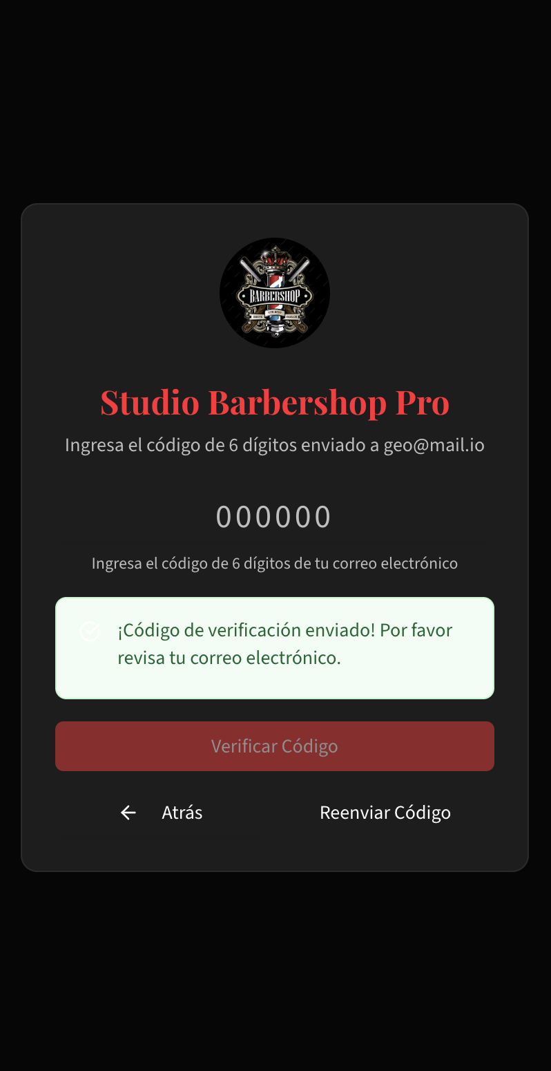Sistema de autenticación seguro para barbería con verificación por código de 6 dígitos enviado por correo electrónico