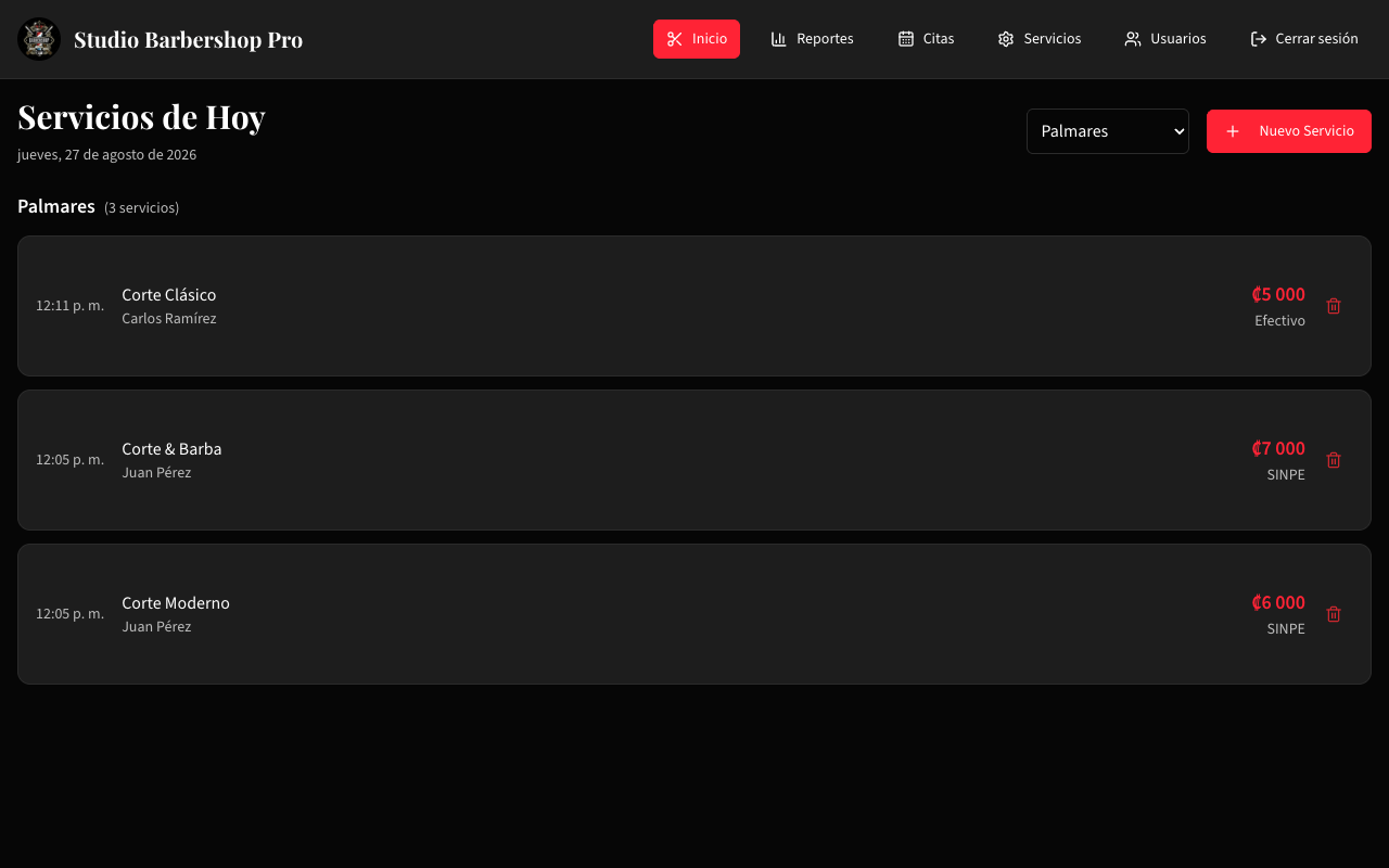 Lista de servicios del día en la barbería mostrando hora, servicio, nombre del cliente, precio y método de pago (efectivo y SINPE) por cada registro